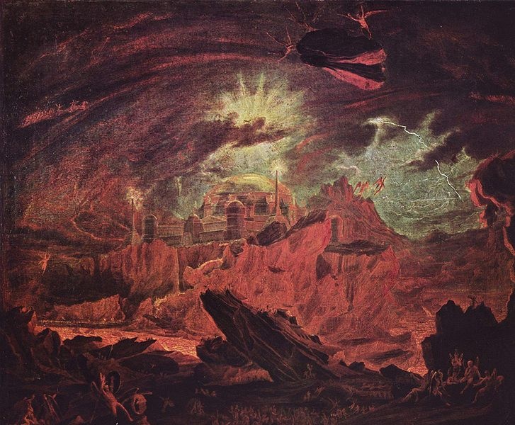 A dramatic nineteenth-century painting by John Martin of a vast, glowing landscape.