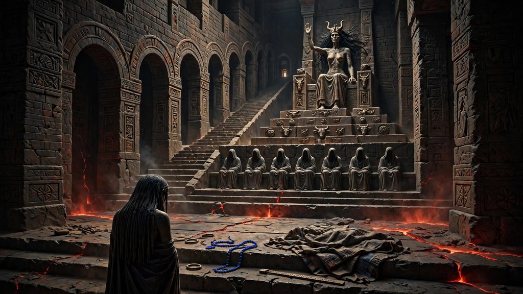 A goddess with bowed head stands before the queen of the underworld on a high throne in a dark hall, with seven gateways rising behind her.