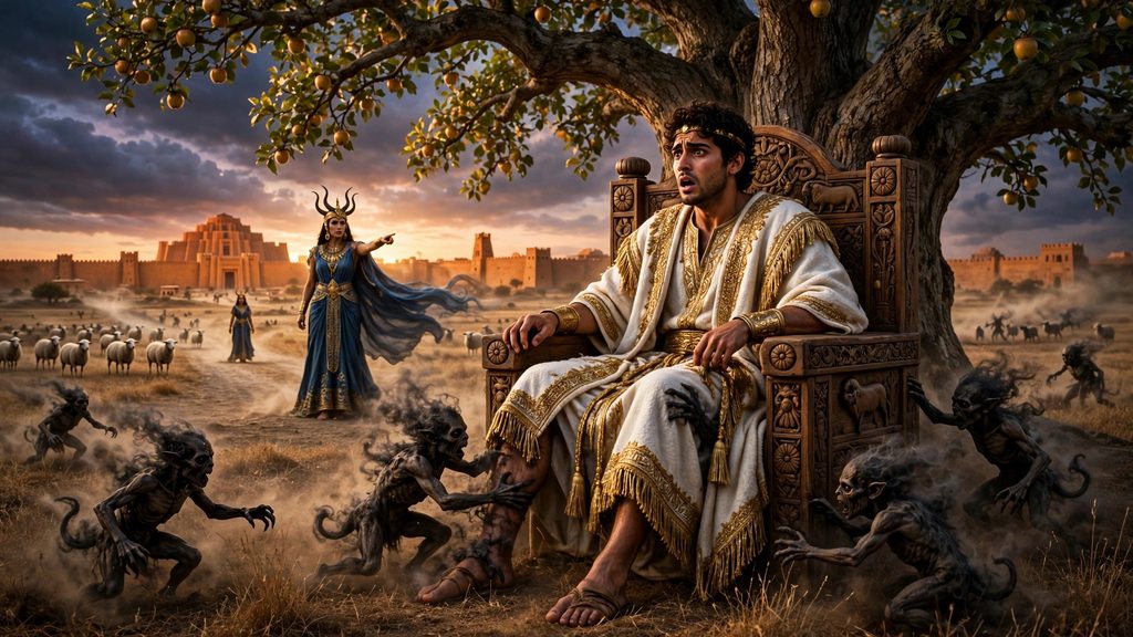 A young shepherd king on a throne under an apple tree is seized by shadowy demons while a crowned goddess points at him in the distance.