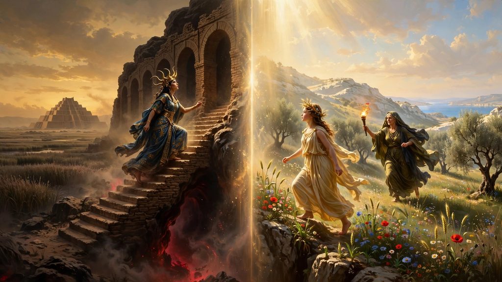 A split landscape showing a Mesopotamian goddess climbing from the underworld on the left and Persephone rising into a spring meadow on the right.