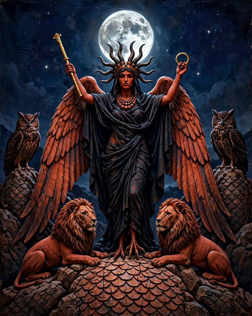 A winged goddess with bird talons standing on two lions between two owls under a full moon, holding a rod and ring in each hand.