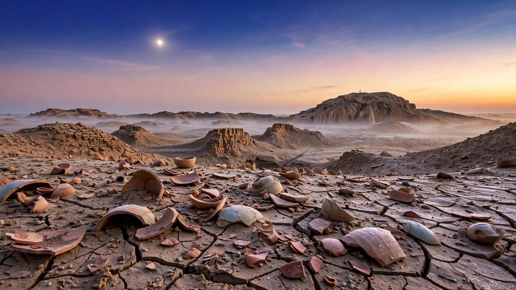 The eroded mud-brick ruins of Uruk at dawn, with the morning star Venus shining alone above the horizon.