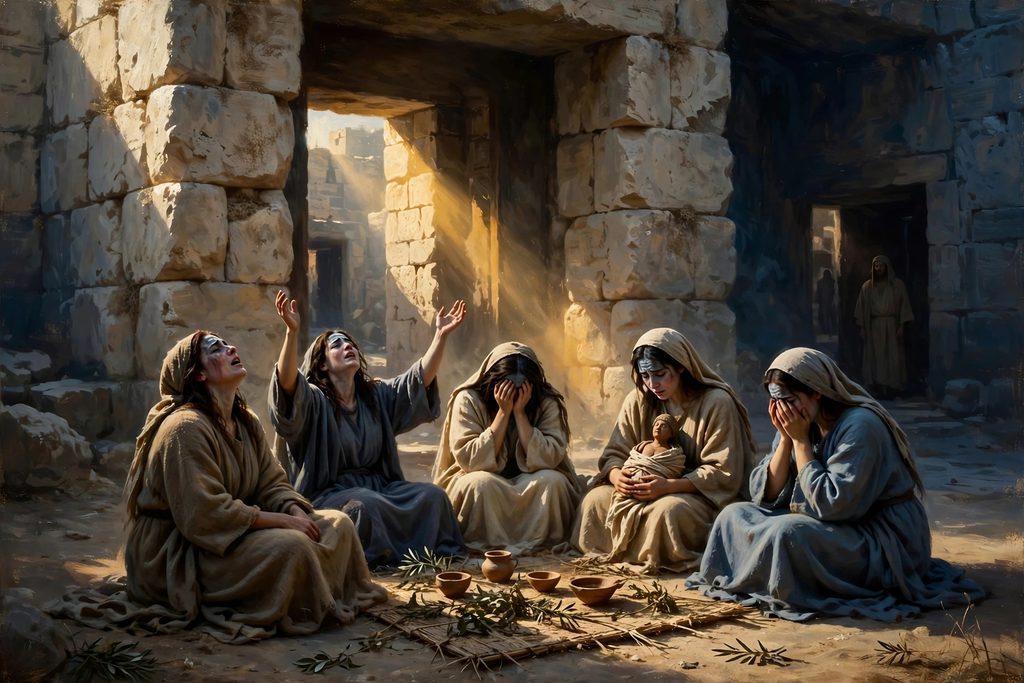 A circle of women in plain robes mourning in the dust at the foot of a great limestone gateway, lit by low golden light.