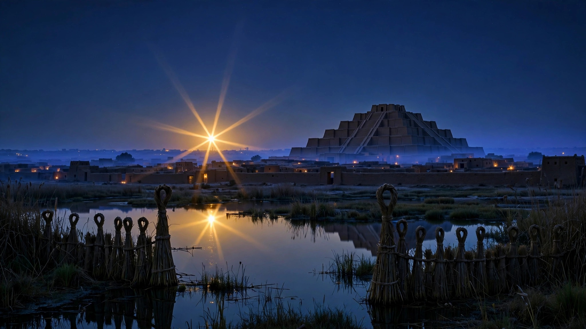 An ancient Mesopotamian city at dusk beneath a brilliant eight-pointed evening star reflected in reed-fringed water.