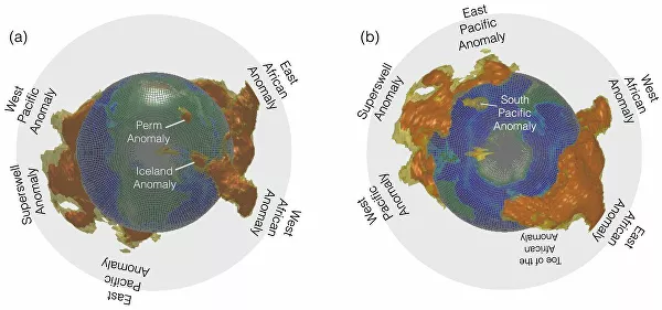 Super feathers (provinces with a low shear rate) at the core and mantle boundary are seen from the North (a) and South (b) poles.  The center shows the nucleus of the Earth with the projection on it of the contours of the continents;  outer contour - conditional edge of the lower mantle