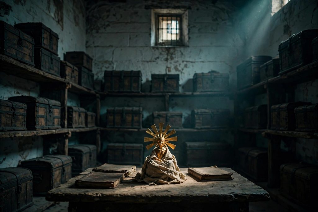 An illustration of a small golden Andean sun figure lying on a table in a dim stone storeroom, lit by a shaft of window light.