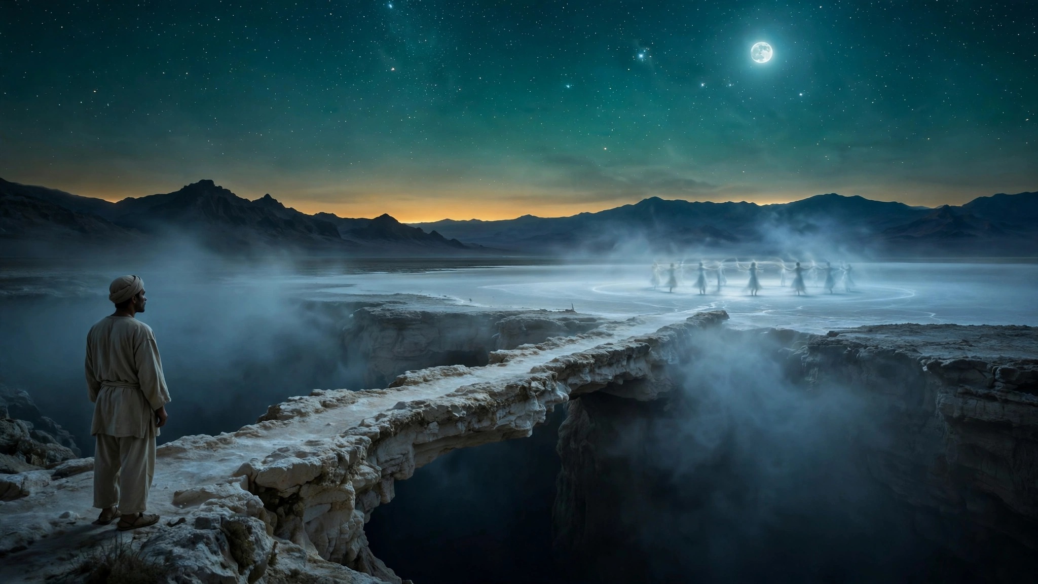 A lone man at the edge of a rock bridge over a chasm, with faint dancing figures of light beyond it under a starry desert sky.