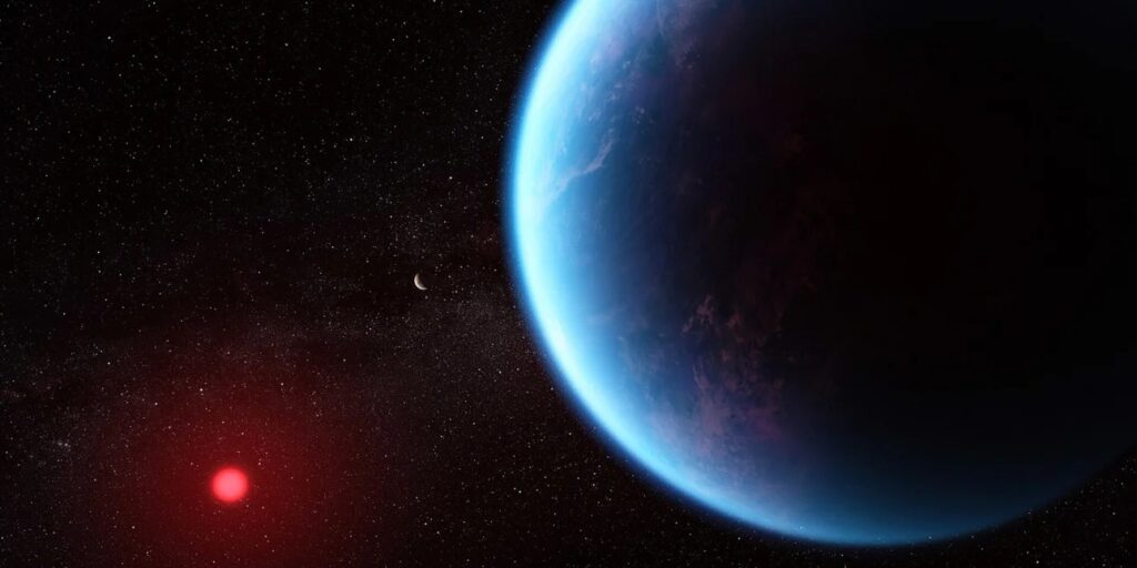 The exoplanet K2-18 b at a distance of about 120 light-years from Earth