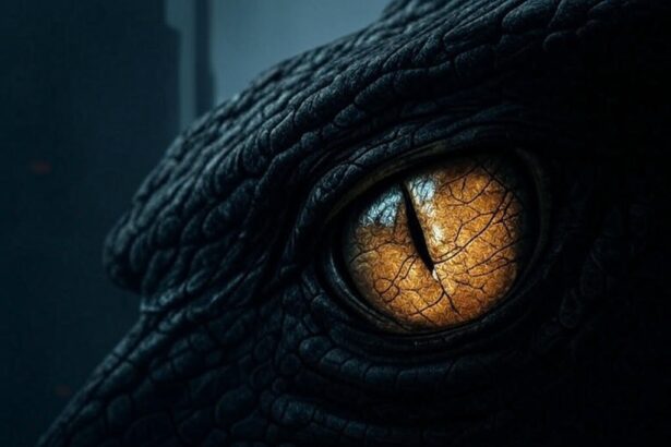 Close up reptilian eye with ancient and modern symbols representing reptilian conspiracy theorie