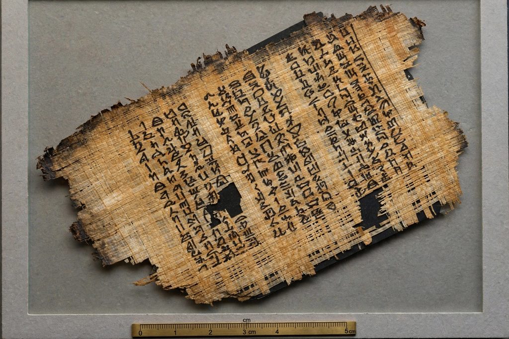 Close-up of an aged papyrus fragment covered in columns of black ink hieratic script, under glass with a small scale bar.