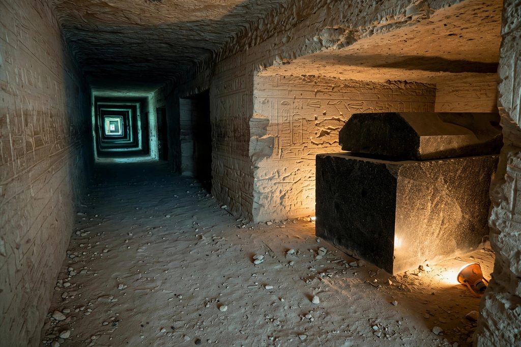 A long rock-cut underground gallery lit by a low amber light, with a huge polished granite box sitting in a side chamber.