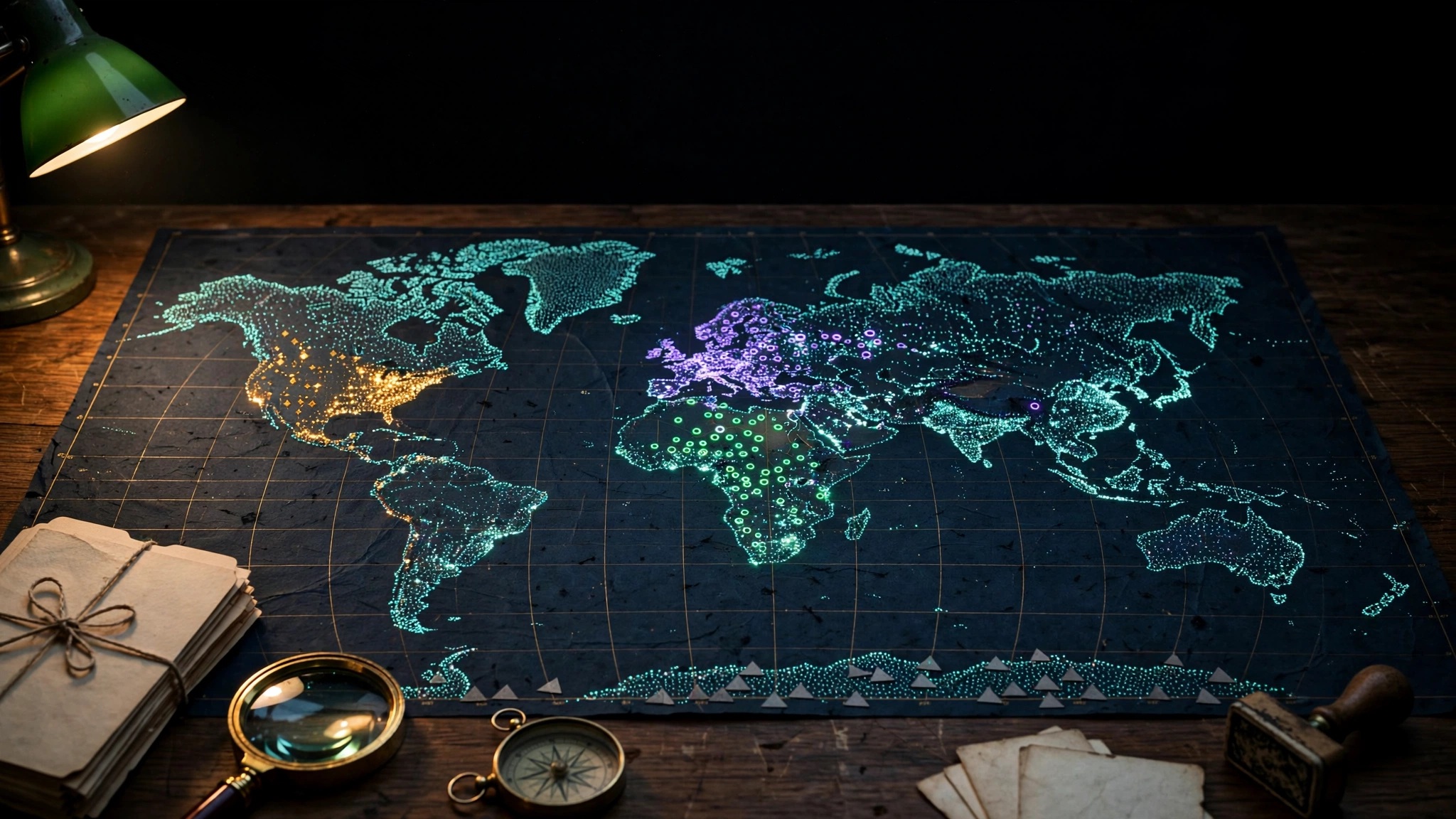 A glowing dot-matrix world map on an archive table at night, with coloured verdict markers, case folders and a magnifying glass.