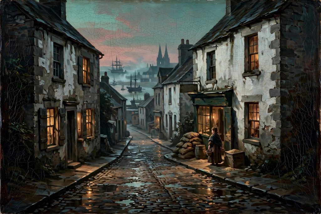 Painted reconstruction of a narrow cobbled street in early nineteenth century Cork at dusk, with a girl holding a basket at a grocer's door.