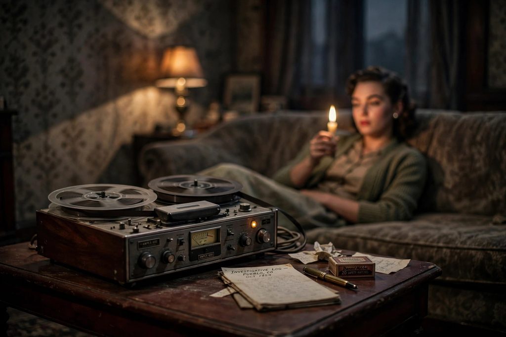 A vintage reel-to-reel tape recorder sits on a wooden table in a dimly lit 1950s living room, with a reclined woman and a burning candle visible in the soft, shadowed background.