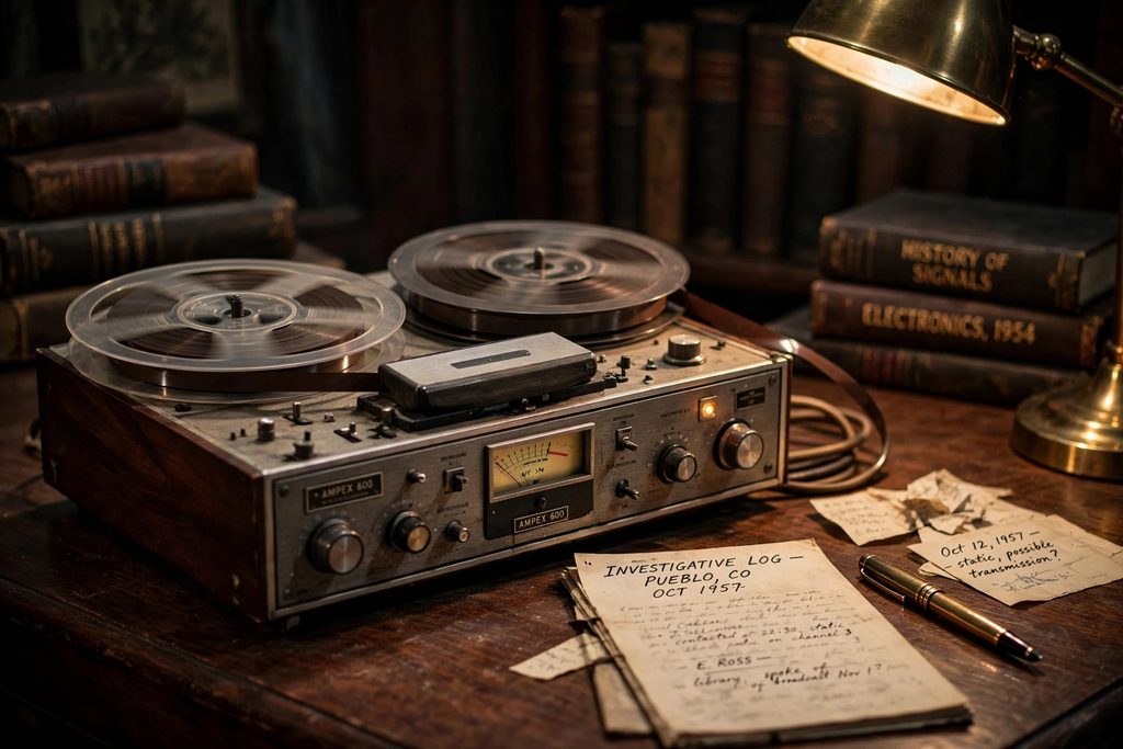 Close-up of a 1950s reel-to-reel tape recorder with magnetic tape running through its mechanism on a dark wood desk lit by a single warm desk lamp.