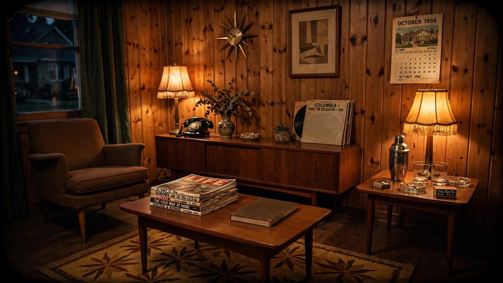 A 1950s living room party where guests dressed in various historical costumes interact around mid-century furniture.