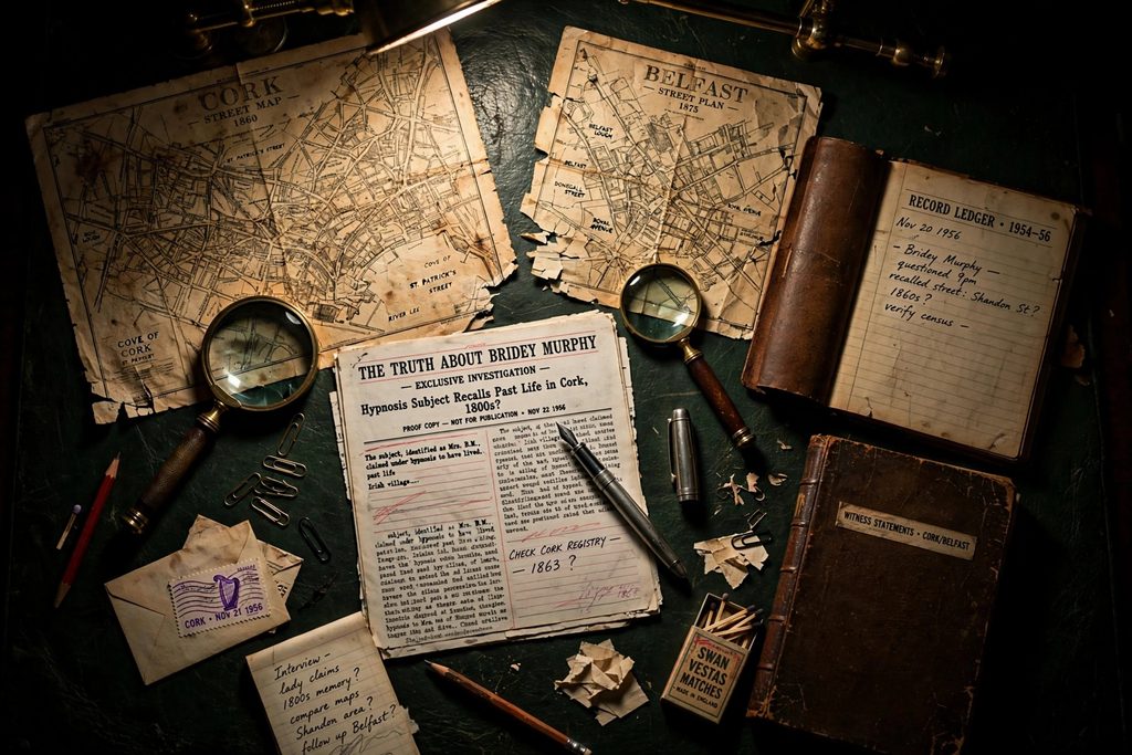 Top-down view of an investigator’s desk covered with yellowed maps of Ireland, a magnifying glass, fountain pen, and archival ledgers under a warm spotlight.