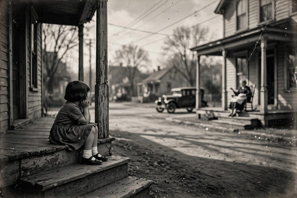A black and white photograph of a little girl seen from behind on a porch step, looking across a quiet Chicago street at an older woman in a rocking chair on the opposite porch.