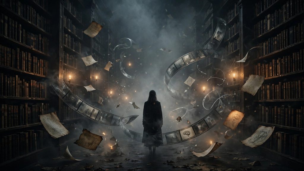 A conceptual, moody image of a dimly lit library fading into mist, with floating parchment pages and a silhouette of a woman standing in contemplation.