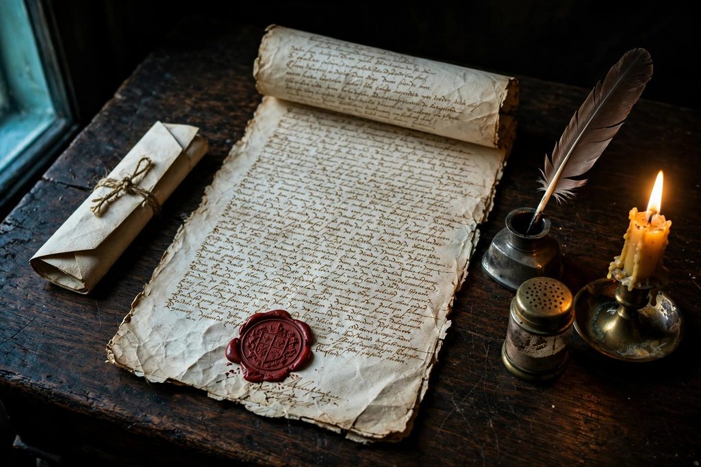 A handwritten sixteenth-century ordinance with a red wax seal on an oak desk, beside a quill, an inkwell and a lit candle.