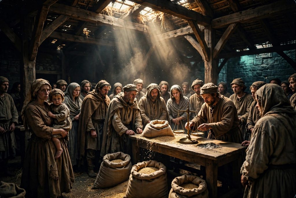 A crowd of thin townspeople in sixteenth-century clothing presses around sacks of grain in a dusty market hall in hard sunlight.