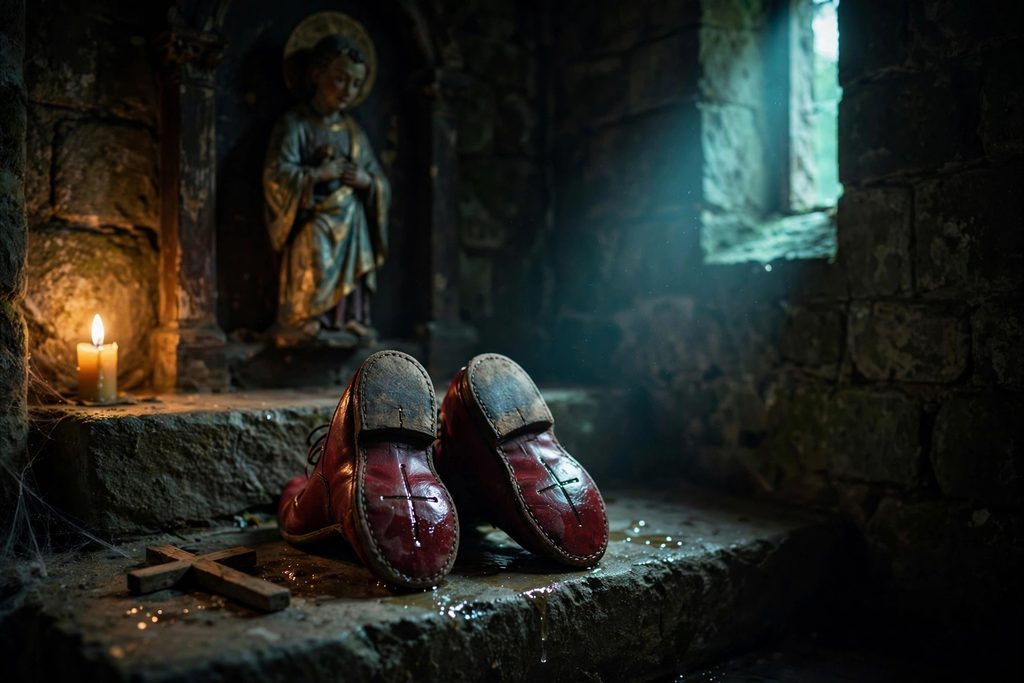 A pair of red leather shoes marked with oil crosses on a stone step before a carved wooden saint in a dim chapel, with a small wooden cross beside them.