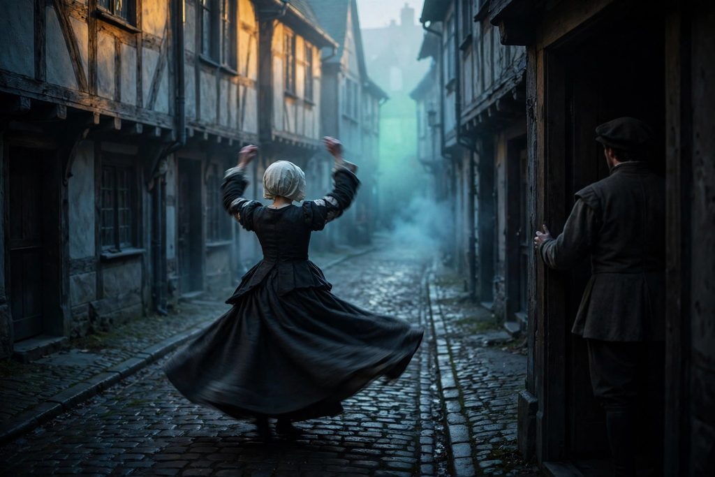A woman in sixteenth-century dress dances alone at dawn in a narrow cobbled street, seen from behind, while a man watches from a doorway.
