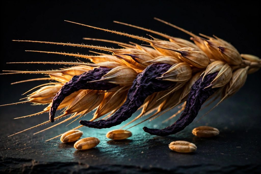 A close-up of a rye ear with several dark purple ergot growths protruding from the grains, on a dark background.