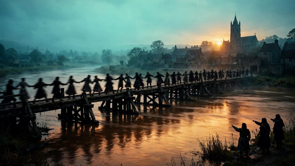 A chain of medieval dancers moving across a wooden bridge over a river at dusk, silhouetted against a copper sky and a town on the far bank.
