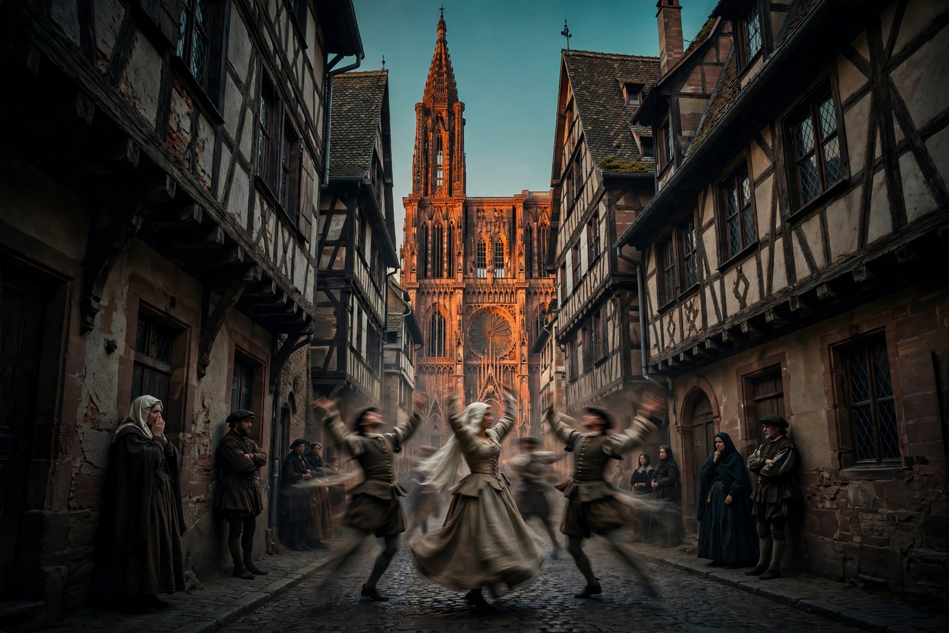 Figures in sixteenth-century dress dance in motion blur in a narrow Strasbourg street at sunset while onlookers watch, with the cathedral at the end of the street.