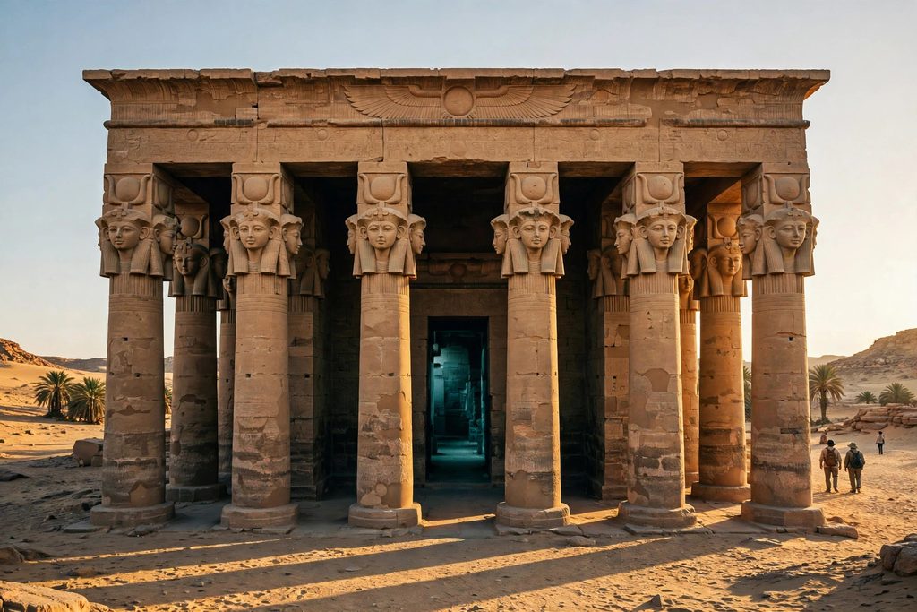 The columned façade of an Egyptian temple, each column topped by the face of the goddess Hathor, in warm evening light.