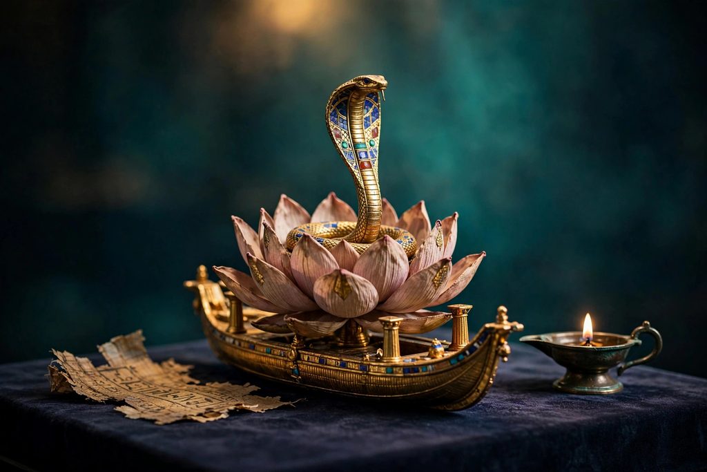 A small golden statue of a cobra rising from a lotus on a model barge, beside an oil lamp and a papyrus fragment.
