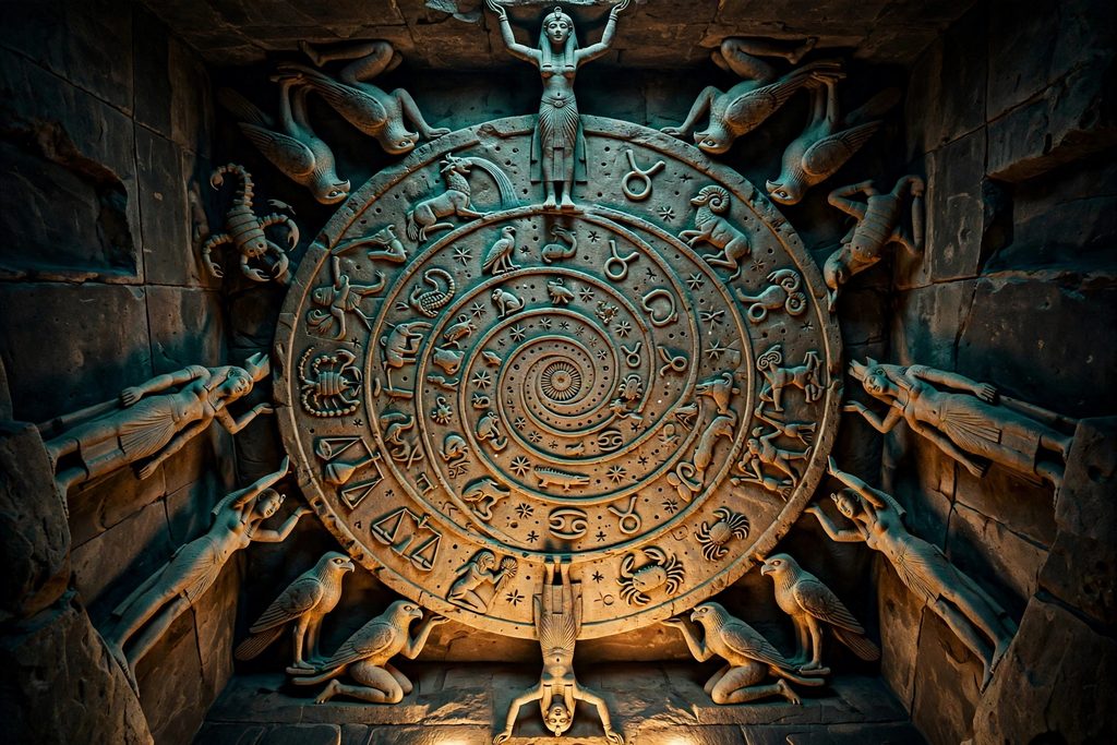 A circular carved stone sky map with zodiac signs, held up by standing goddesses and kneeling falcon-headed figures.