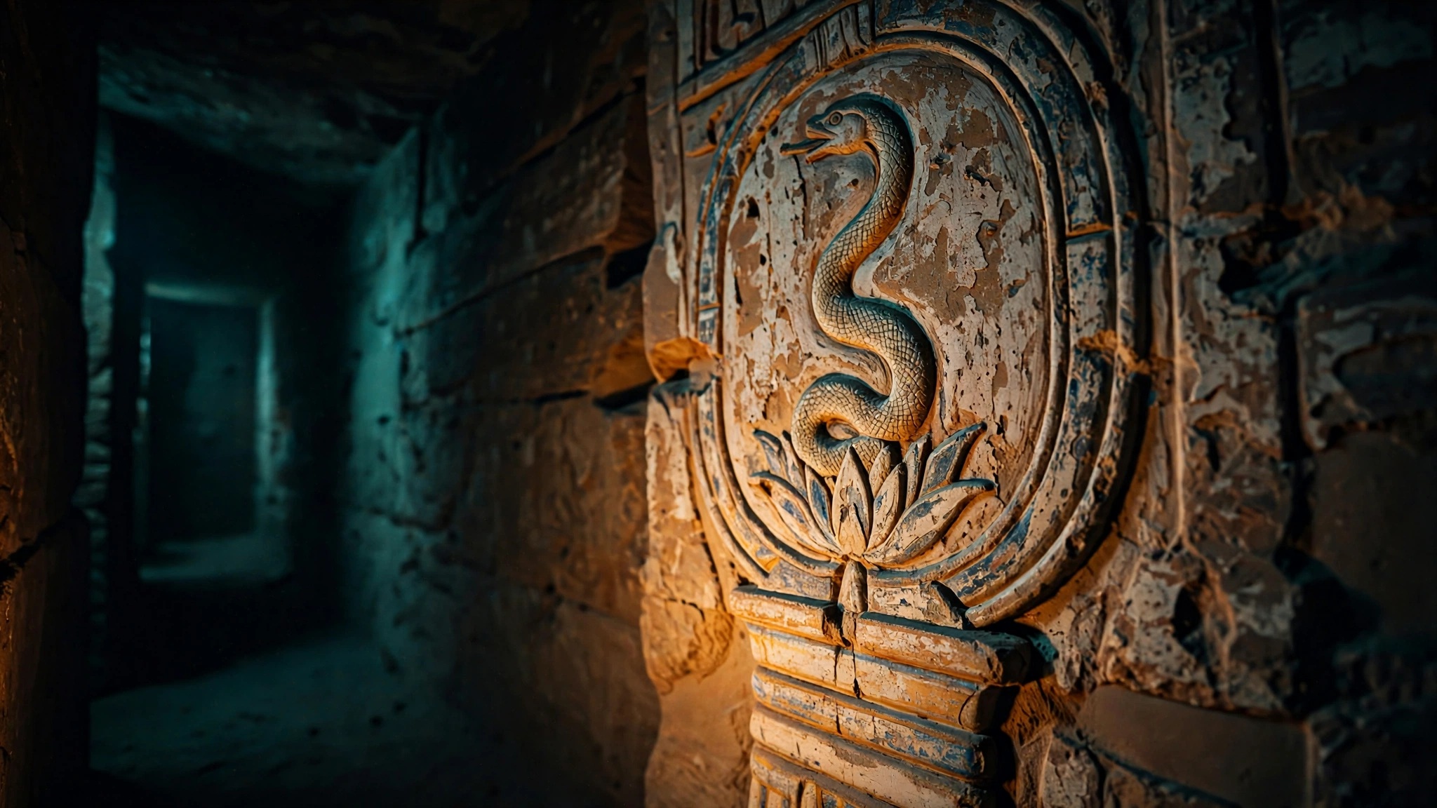 A carved relief of a serpent rising from a lotus inside an oval, lit by lamplight in a narrow stone crypt.