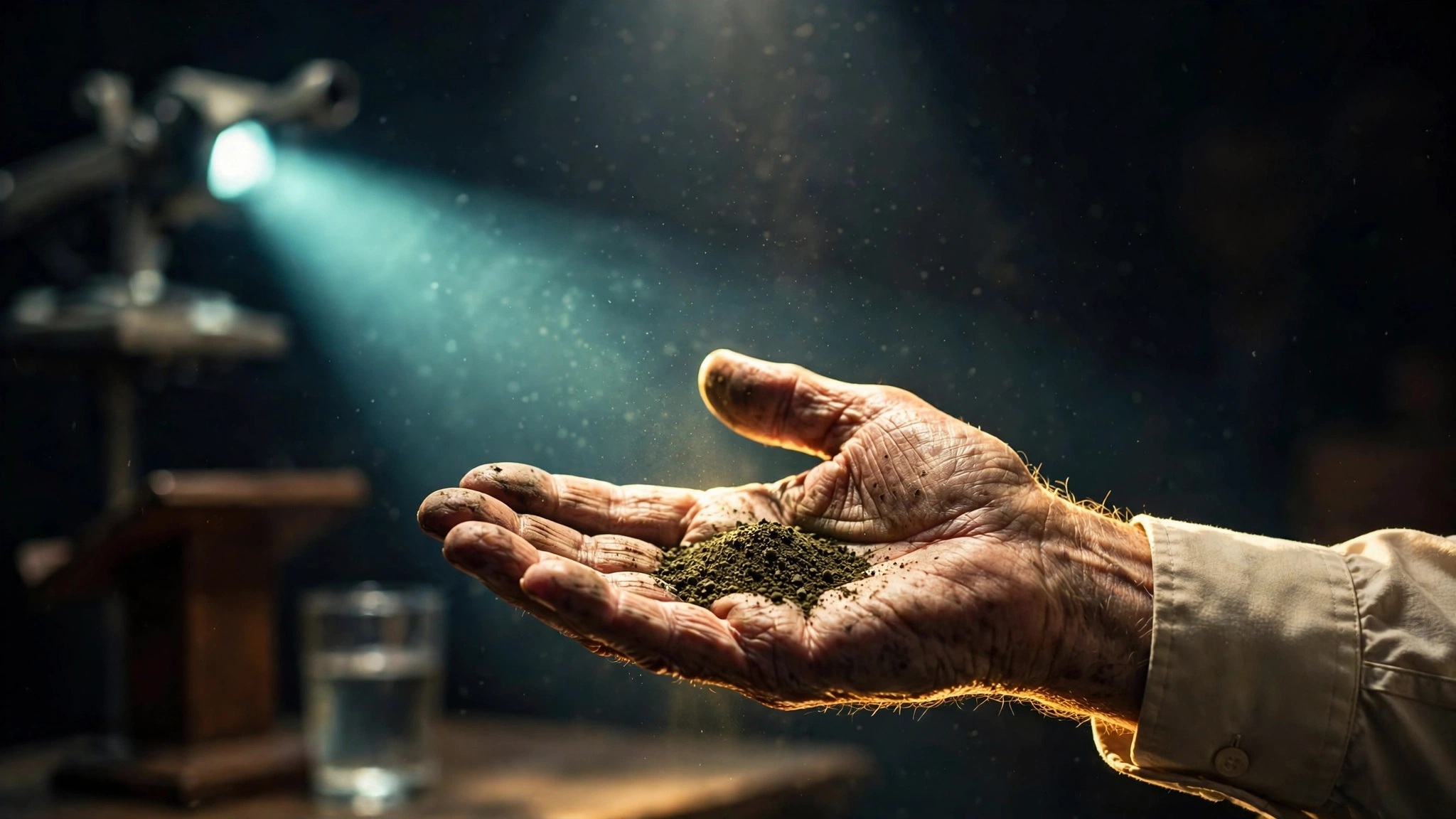 An open hand under a spotlight on a dark stage, holding a small heap of dark uranium oxide powder.