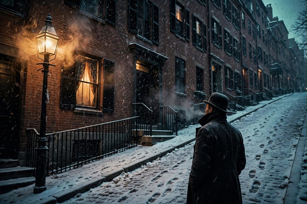 A man in an overcoat and bowler hat watches a lit upper window from under a gas lamp on a snowy Boston street at night.