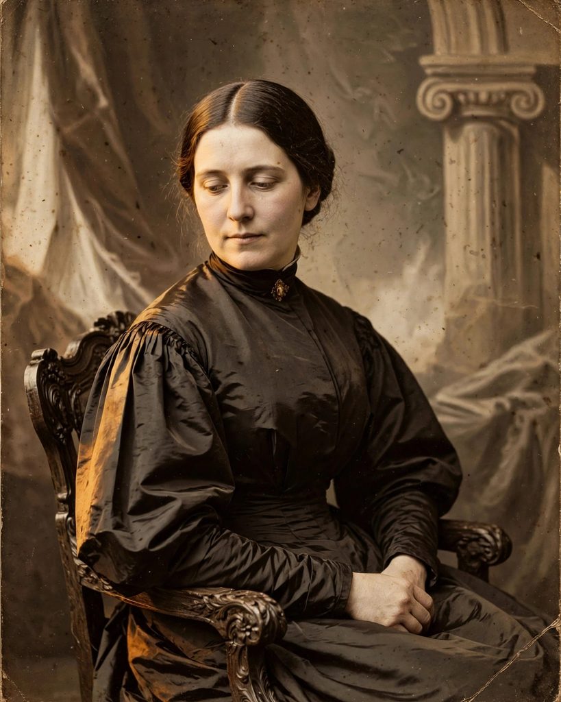 A sepia studio portrait of a dark-haired Victorian woman in a high-necked silk dress, seated with folded hands.