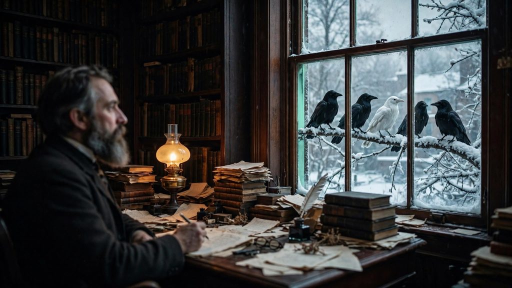 A bearded Victorian scholar at a desk looks out of a snowy window at a branch where one white crow sits among black crows.