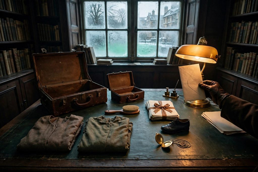 The contents of a Victorian woman’s travelling trunk laid out on a desk, with letters, a locket and a child’s shoe, while a gloved hand holds an envelope to the light.