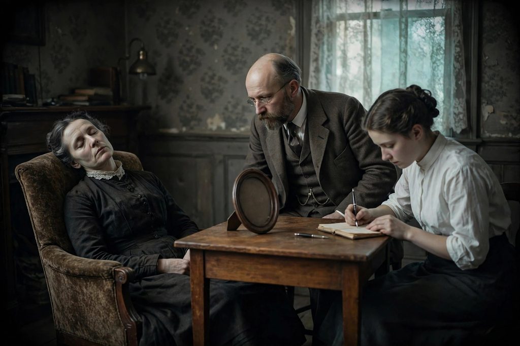 A woman in trance in an armchair faces a bearded academic and a young assistant taking notes, with an empty oval picture frame on the table between them.