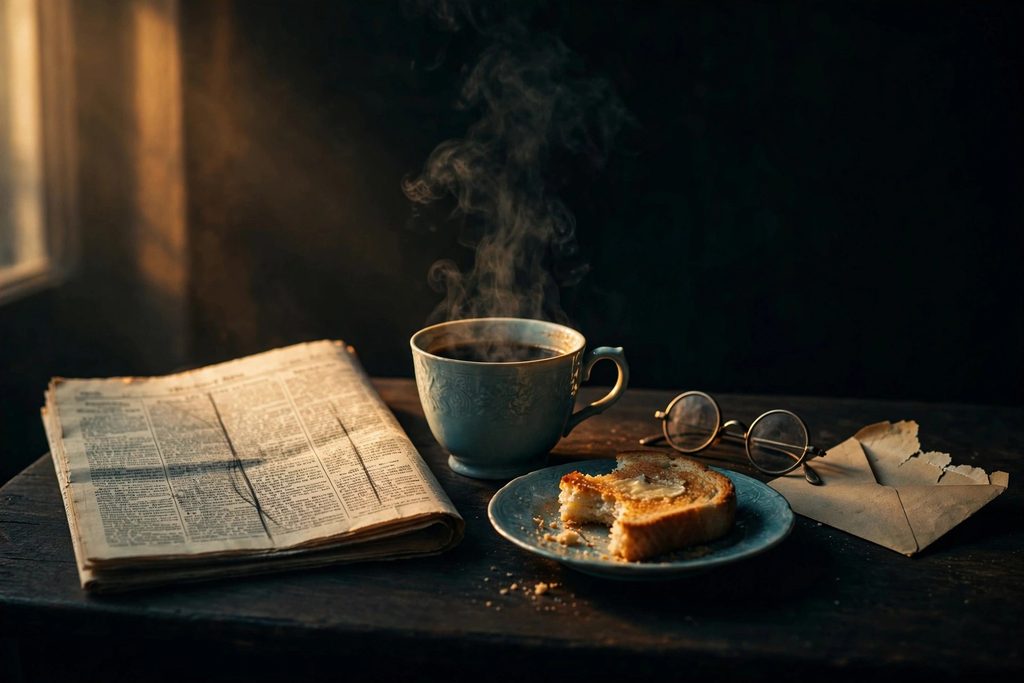 A folded newspaper beside a cup of coffee, toast and wire spectacles on a breakfast table in morning light.