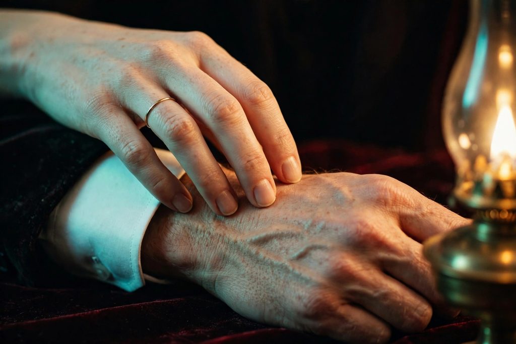 Close-up of a woman’s hand resting lightly on a man’s wrist across a dark velvet table in lamplight.
