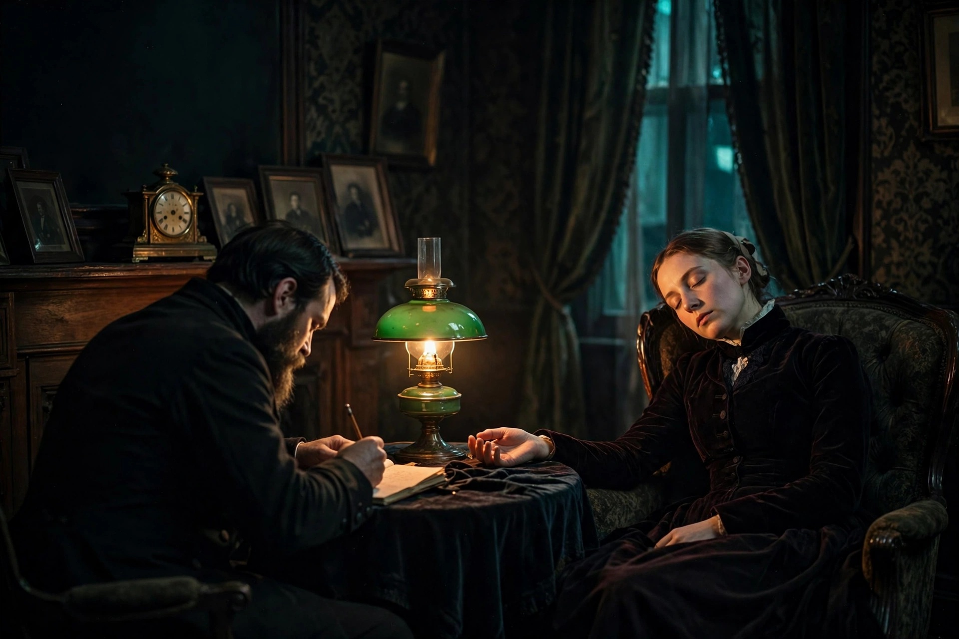 A young Victorian woman in trance in an armchair beside a lamp-lit table, while a bearded man takes notes across from her.