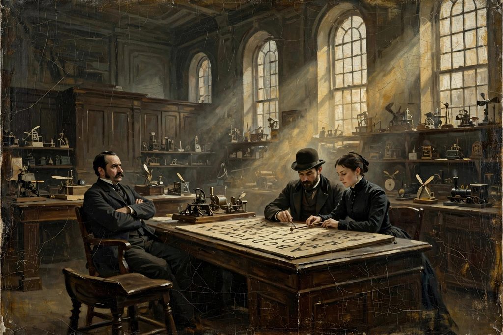 Painted reconstruction of an 1890 patent office, with a skeptical official watching a man and woman demonstrate an alphabet board at his desk.