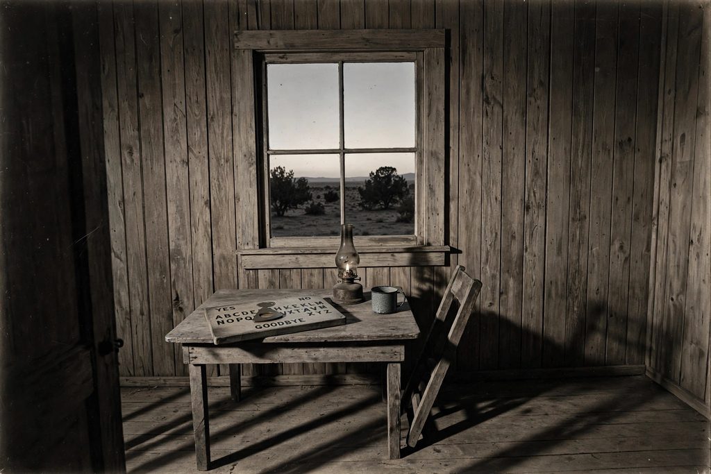 A black and white photograph of a bare 1930s ranch kitchen at dusk, with a talking board and a low lamp on the table and an empty chair pushed back.