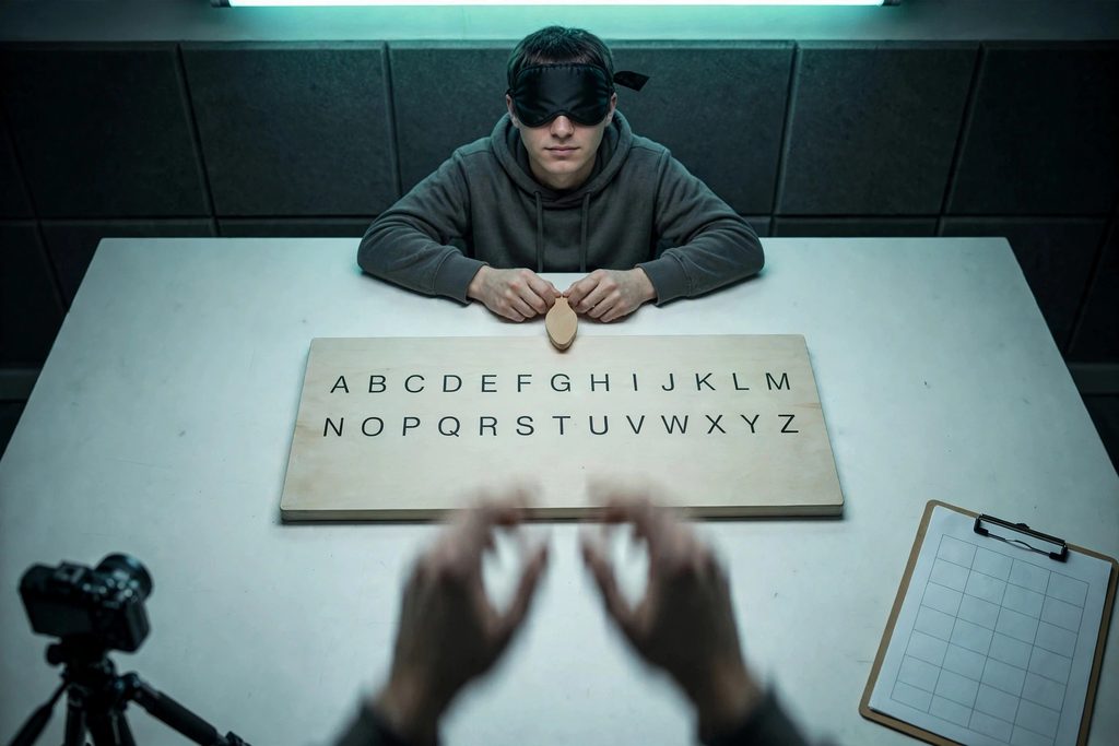 A blindfolded participant with both hands on a talking board pointer while a second pair of hands lifts away from it in a psychology lab.