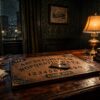 An antique wooden Ouija board resting on a dark mahogany table under the warm glow of a vintage amber lamp in a shadowed room.