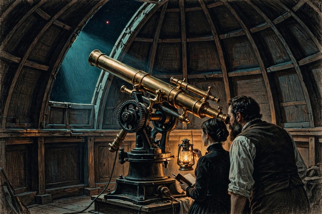 A nineteenth-century astronomer at a large brass telescope in an observatory dome, with a woman holding a lamp beside him.