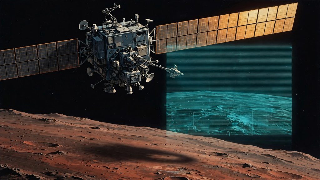 An old Soviet space probe orbiting Mars, with the shadow of Phobos falling on the surface below and faint scan lines overlaid.