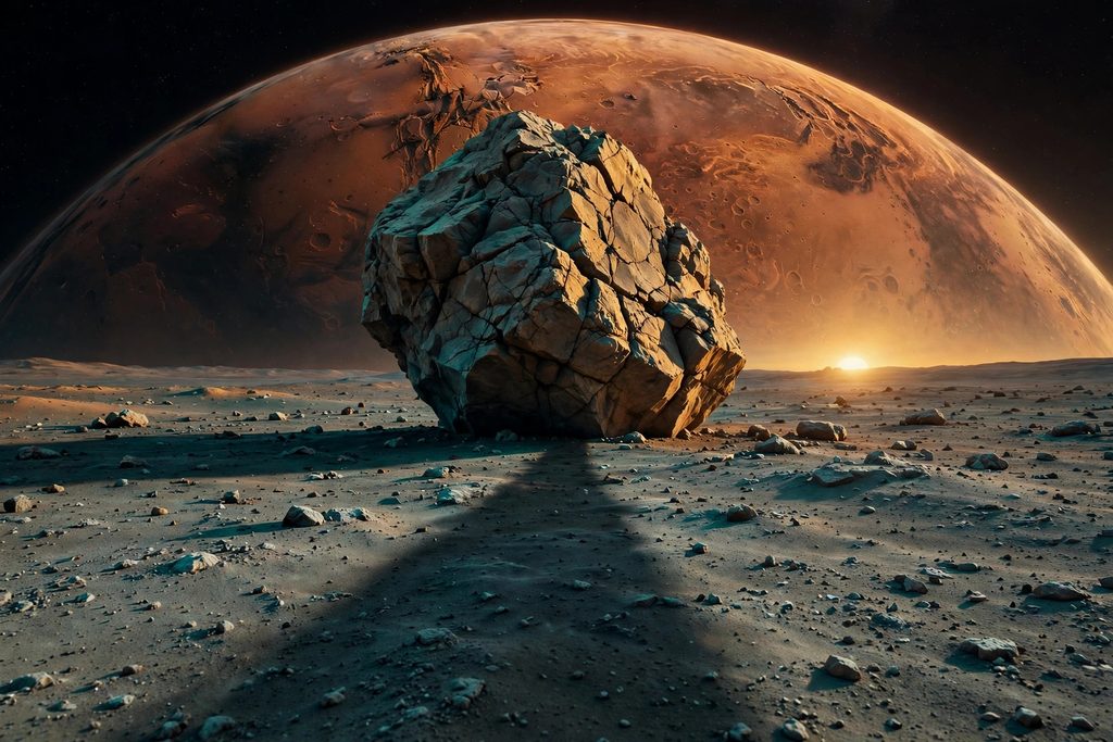 A tall angular boulder standing on the dusty surface of Phobos, casting a long shadow, with Mars looming above the horizon.